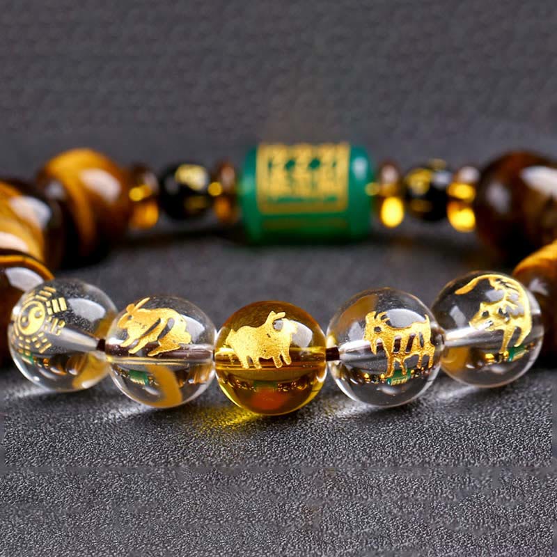 Bracelet de courage Foviel en œil de tigre et cristal blanc du zodiaque chinois