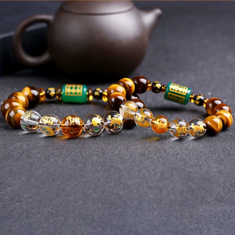 Bracelet de courage Foviel en œil de tigre et cristal blanc du zodiaque chinois