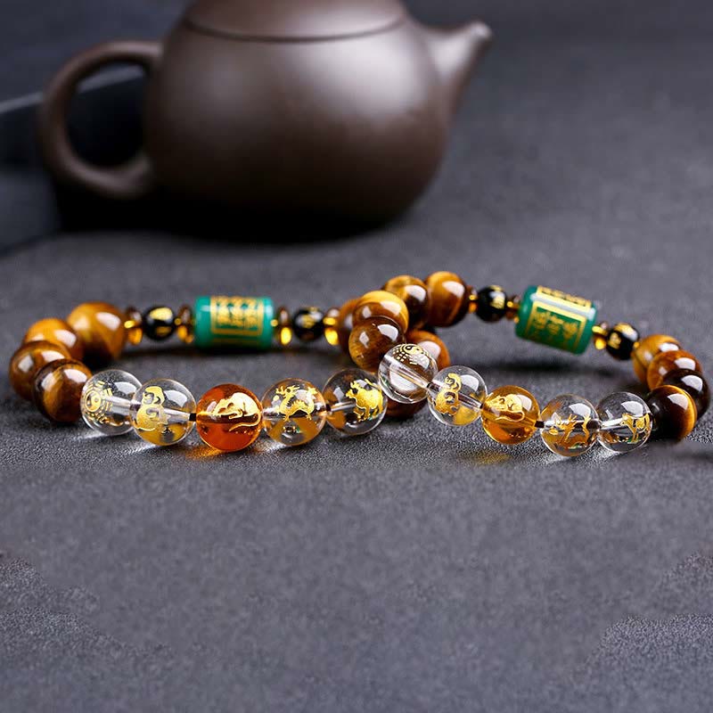 Bracelet de courage Foviel en œil de tigre et cristal blanc du zodiaque chinois