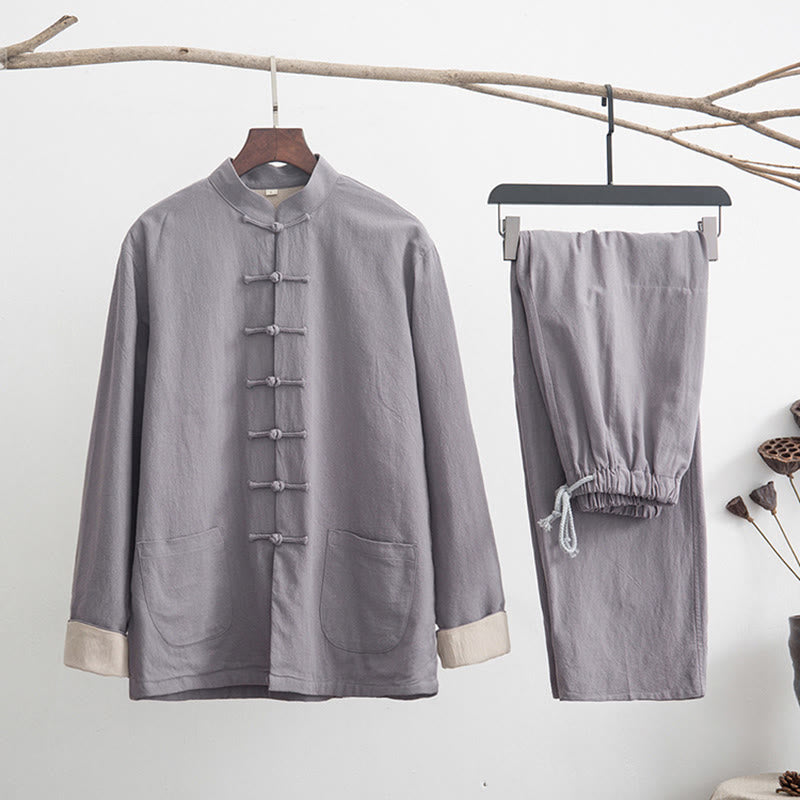 Buddha Stones 2Pcs Zen Tang Suit Men's Linen Frog-Button Long Sleeve Shirt Pants Set Men's Meditation Cloth BS Gray US/UK/AU44,EU54 (4XL)