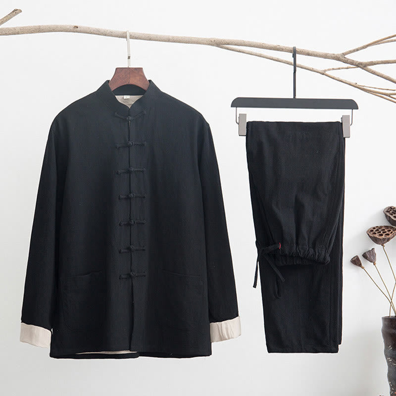 Buddha Stones 2Pcs Zen Tang Suit Men's Linen Frog-Button Long Sleeve Shirt Pants Set Men's Meditation Cloth BS Black US/UK/AU44,EU54 (4XL)