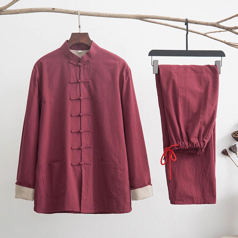 Buddha Stones 2Pcs Zen Tang Suit Men's Linen Frog-Button Long Sleeve Shirt Pants Set Men's Meditation Cloth BS FireBrick US/UK/AU44,EU54 (4XL)
