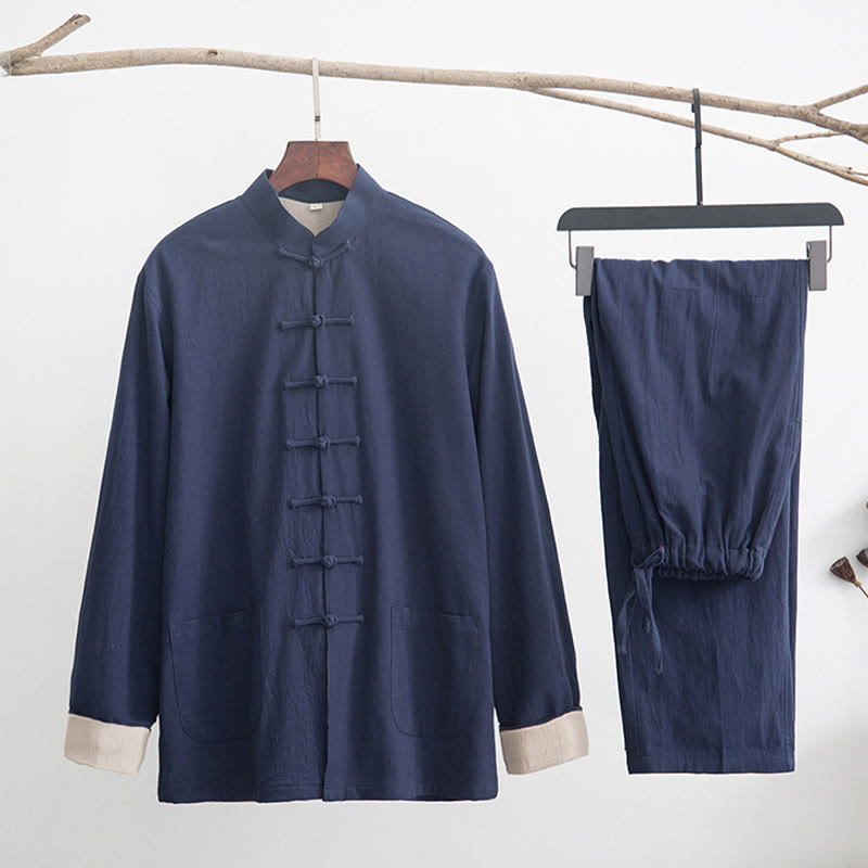 Buddha Stones 2Pcs Zen Tang Suit Men's Linen Frog-Button Long Sleeve Shirt Pants Set Men's Meditation Cloth BS SteelBlue US/UK/AU44,EU54 (4XL)
