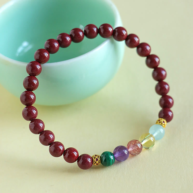 Bracelet de bénédiction en cinabre, aigue-marine, citrine, quartz fraise, améthyste et malachite Foviel