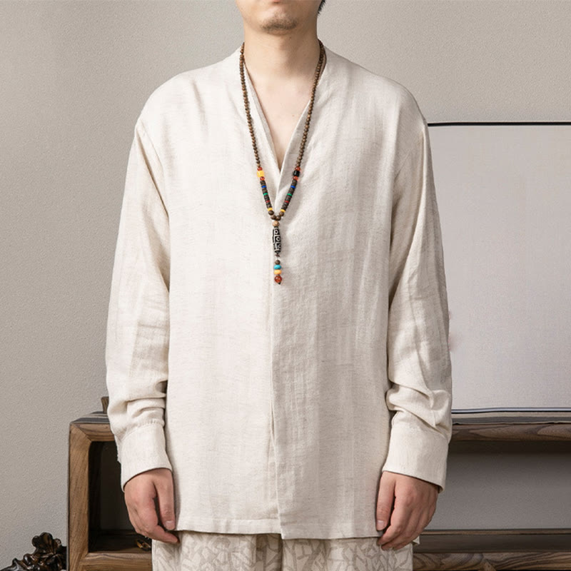 Buddha Stones V-Neck Men's Linen Long Sleeve Shirt Zen Clothing - Linen - US/UK/AU44,EU54 (4XL) - image 10
