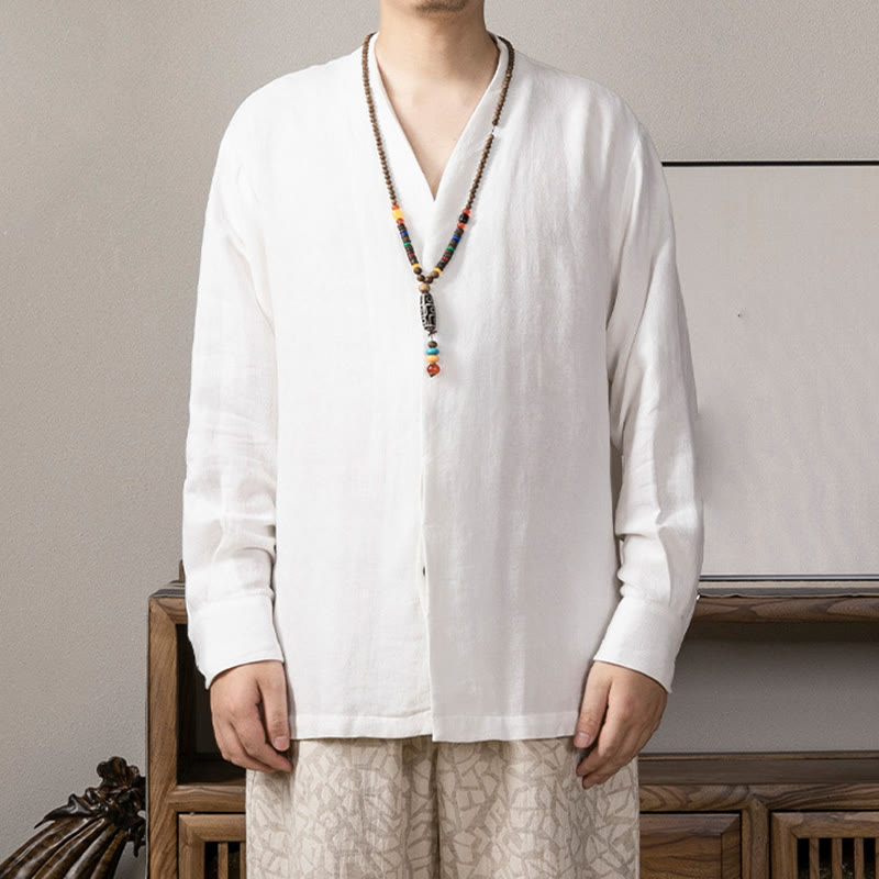 Buddha Stones V-Neck Men's Linen Long Sleeve Shirt Zen Clothing - White - US/UK/AU44,EU54 (4XL) - image 0