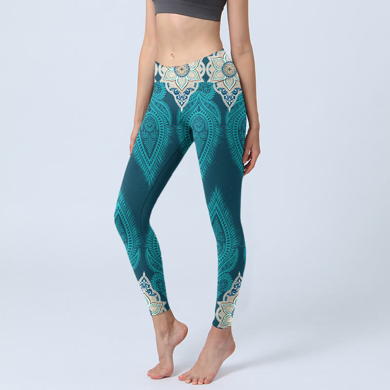 Buddha Stones Green Feather Flower Print Gym Fitness Leggings Women's Yoga Pants - CadetBlue - US18,UK/AU22,EU50 (4XL) - image 0