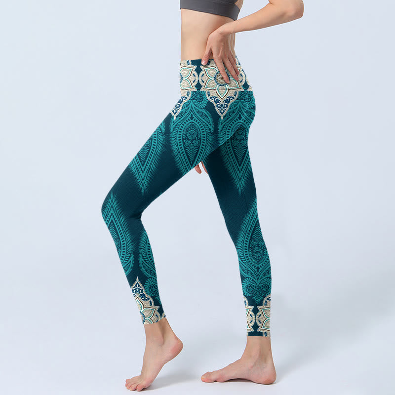 Buddha Stones Green Feather Flower Print Gym Fitness Leggings Women's Yoga Pants - image 2