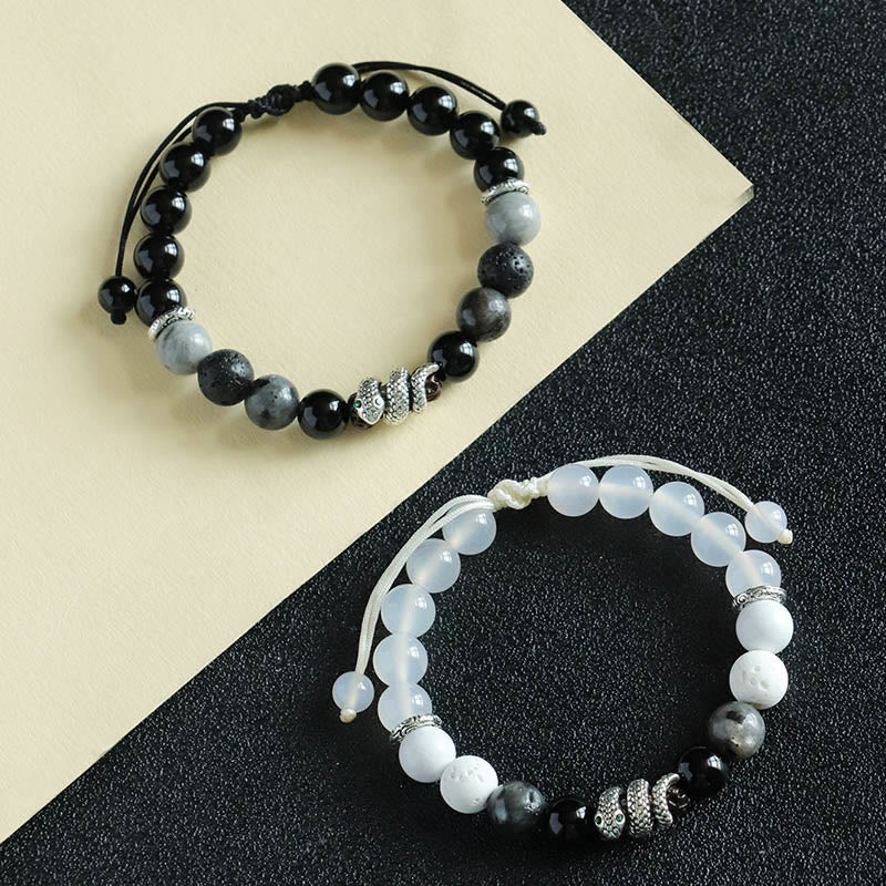 Foviel Black Onyx Schwarz Glitter Stein Weiß Achat Weiß Türkis Jahr der Schlange Schutz Armband