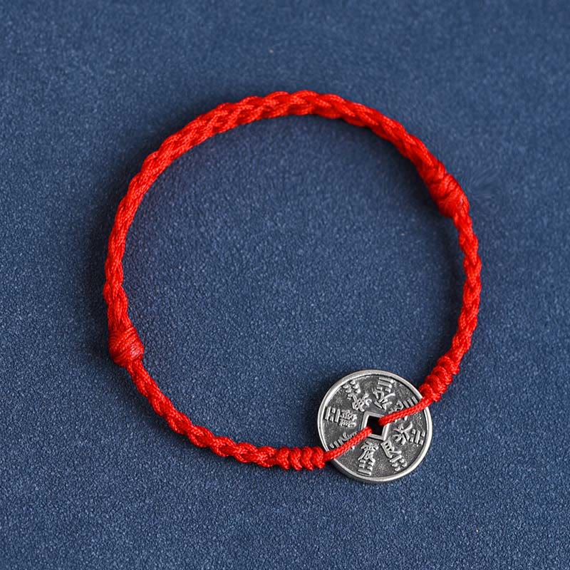 Buddha Stones 925 Sterling Silver Coin Protection Braided Bracelet Anklet Bracelet Anklet BS Red Rope Anklet(Circumference 18-30cm)
