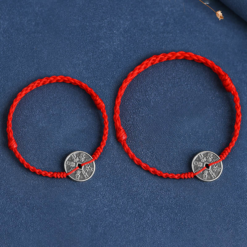 Buddha Stones 925 Sterling Silver Coin Protection Braided Bracelet Anklet Bracelet Anklet BS 14