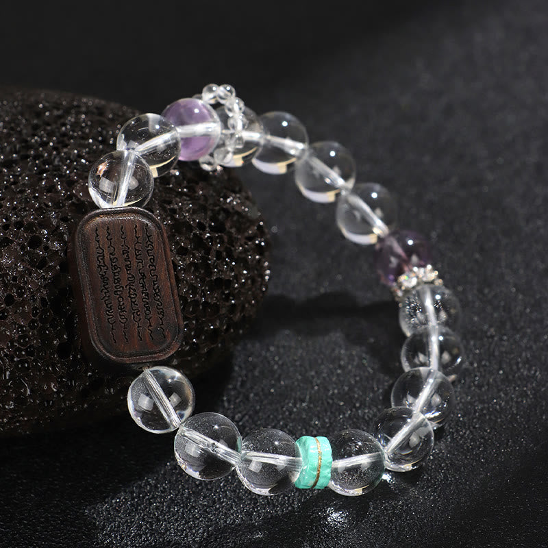 Buddha Stones White Crystal Ebony Wood Sak Yant Zashi Lhamo Healing Bracelet Bracelet BS 11