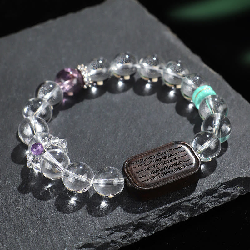 Buddha Stones White Crystal Ebony Wood Sak Yant Zashi Lhamo Healing Bracelet Bracelet BS White Crystal Ebony Wood Zashi Lhamo(Wrist Circumference: 14-16cm)