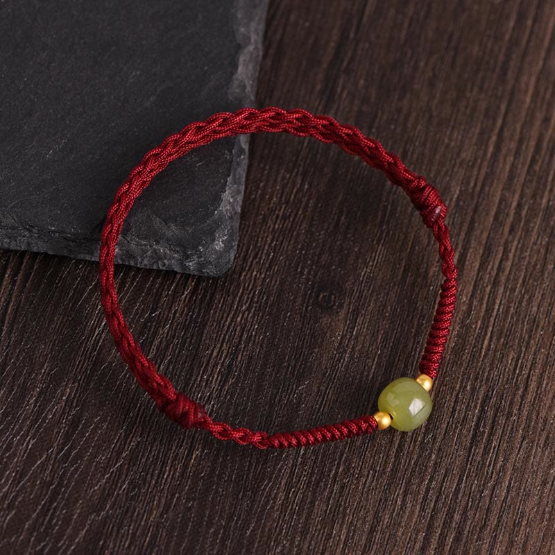 Foviel Natural Hetian Jade 999 Gold Beads Protection Luck Braided Bracelet Anklet