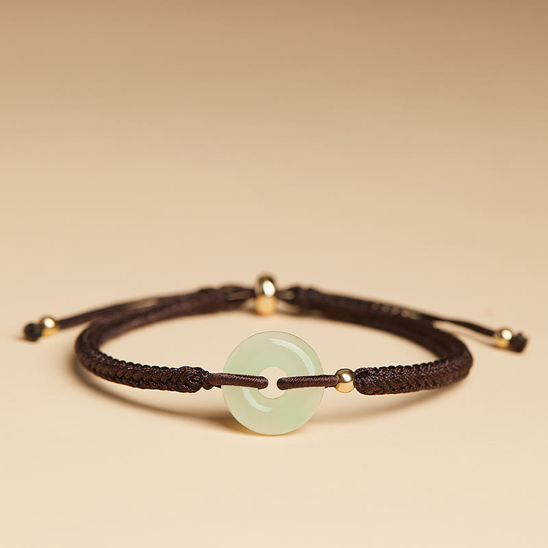Buddha Stones Natural Hetian Jade Peace Buckle Fu Character Protection Luck Braided Bracelet Bracelet BS Hetian Jade Brown Rope