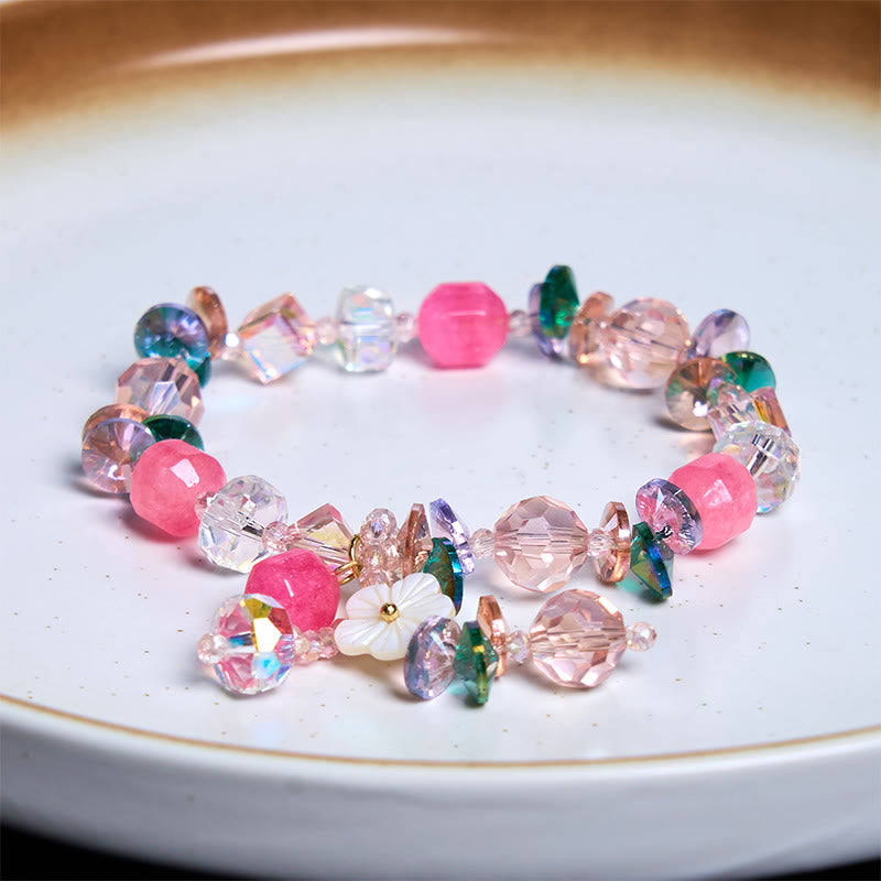 Bracelet Foviel douceur fleur cristaux rose, vert et blanc