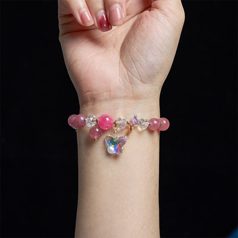 Bracelet amour papillon en quartz fraise, cristal blanc et cristal rose Foviel