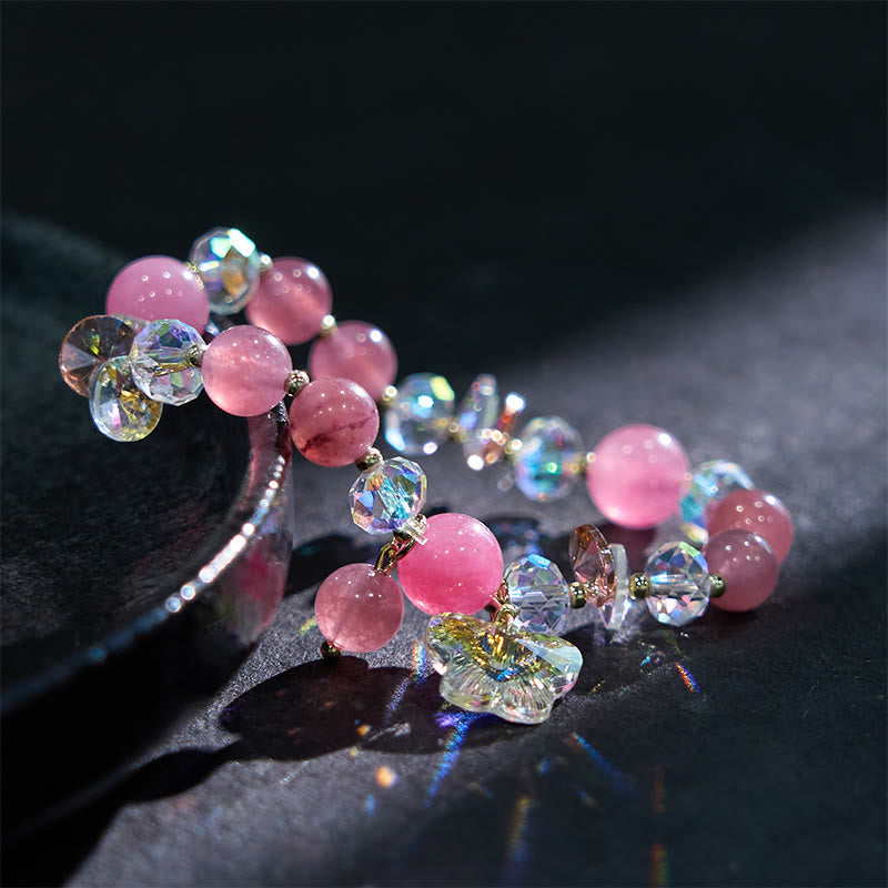 Bracelet amour papillon en quartz fraise, cristal blanc et cristal rose Foviel