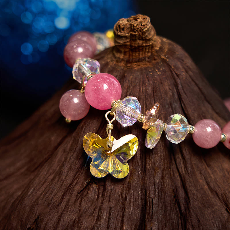 Bracelet amour papillon en quartz fraise, cristal blanc et cristal rose Foviel