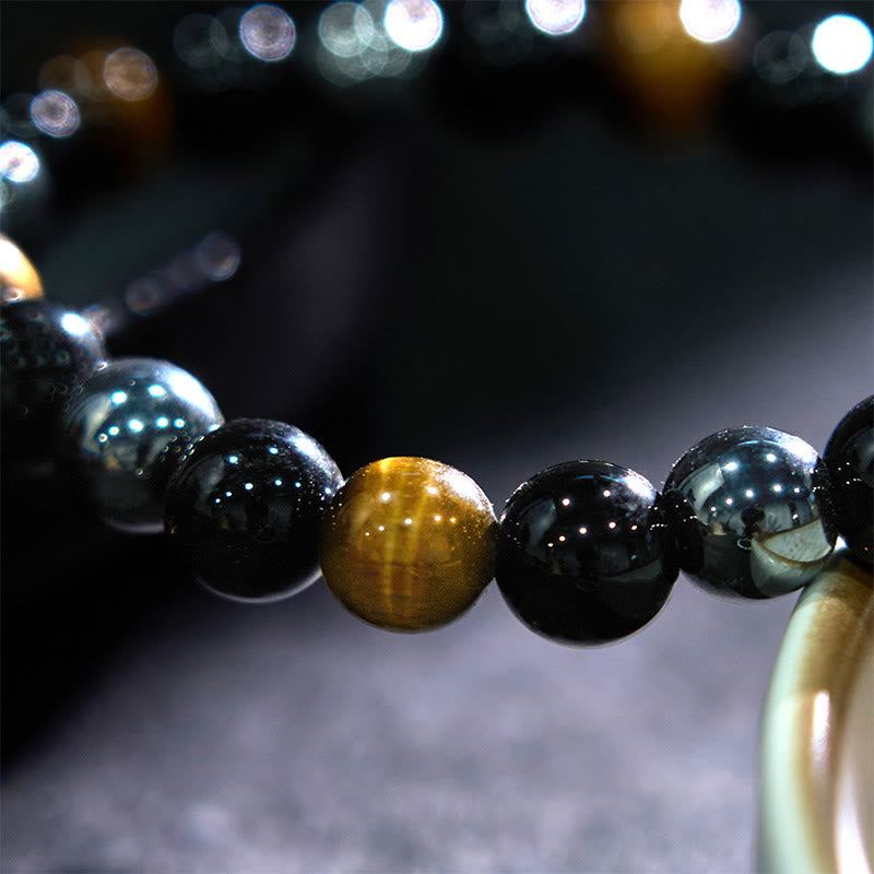 Bracelet Foviel puissant et positif en œil de tigre, obsidienne et hématite