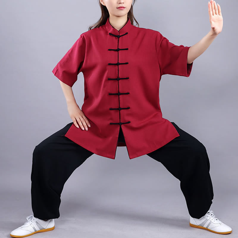 Buddha Stones 2Pcs Fall Winter Frog-Button Tai Chi Meditation Qigong Zen Practice Unisex Cotton Linen Clothing Set - Short Sleeve Wine Red - 3XL-FIT FOR US/UK/AU/EU-XL - image 11