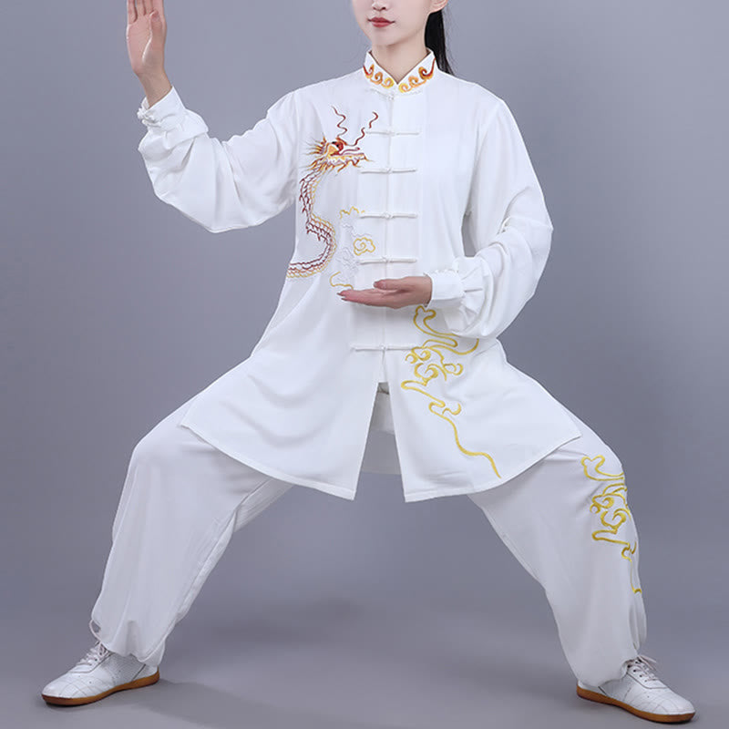 Buddha Stones 2Pcs Fall Embroidery Dragon Frog-Button Tai Chi Meditation Qigong Zen Practice Unisex Cotton Clothing Set - White - 3XL-FIT FOR US/UK/AU/EU-XL - image 8