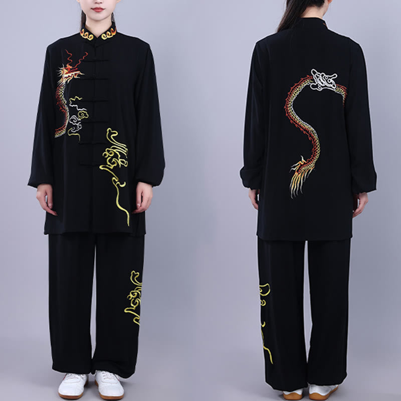 Buddha Stones 2Pcs Fall Embroidery Dragon Frog-Button Tai Chi Meditation Qigong Zen Practice Unisex Cotton Clothing Set - Black - 3XL-FIT FOR US/UK/AU/EU-XL - image 0