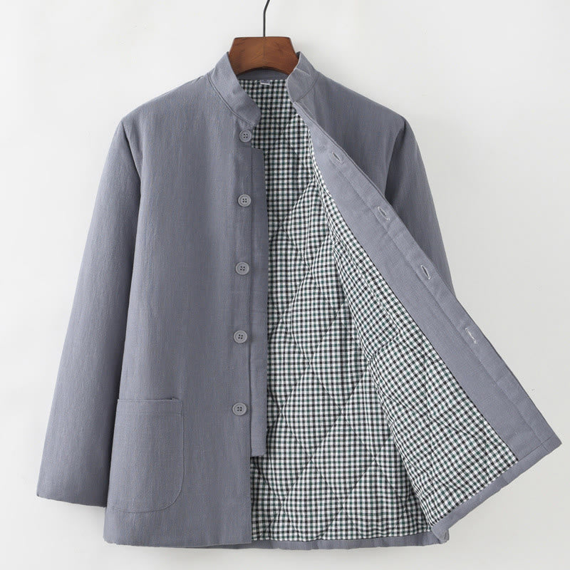 Buddha Stones Winter Men's Frog-Button Tang Suit Linen Cotton Fleece Lined Jacket Shirt With Pockets - Gray - Button Down - US/UK/AU44,EU54 (4XL) - image 3
