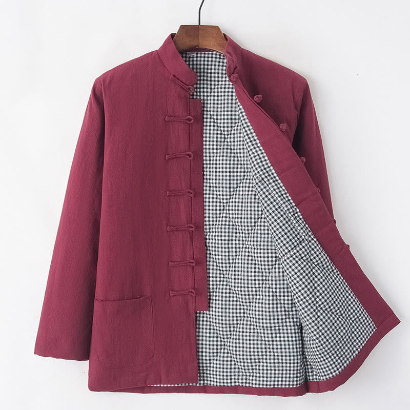 Buddha Stones Winter Men's Frog-Button Tang Suit Linen Cotton Fleece Lined Jacket Shirt With Pockets - FireBrick - Frog-Button - US/UK/AU44,EU54 (4XL) - image 17