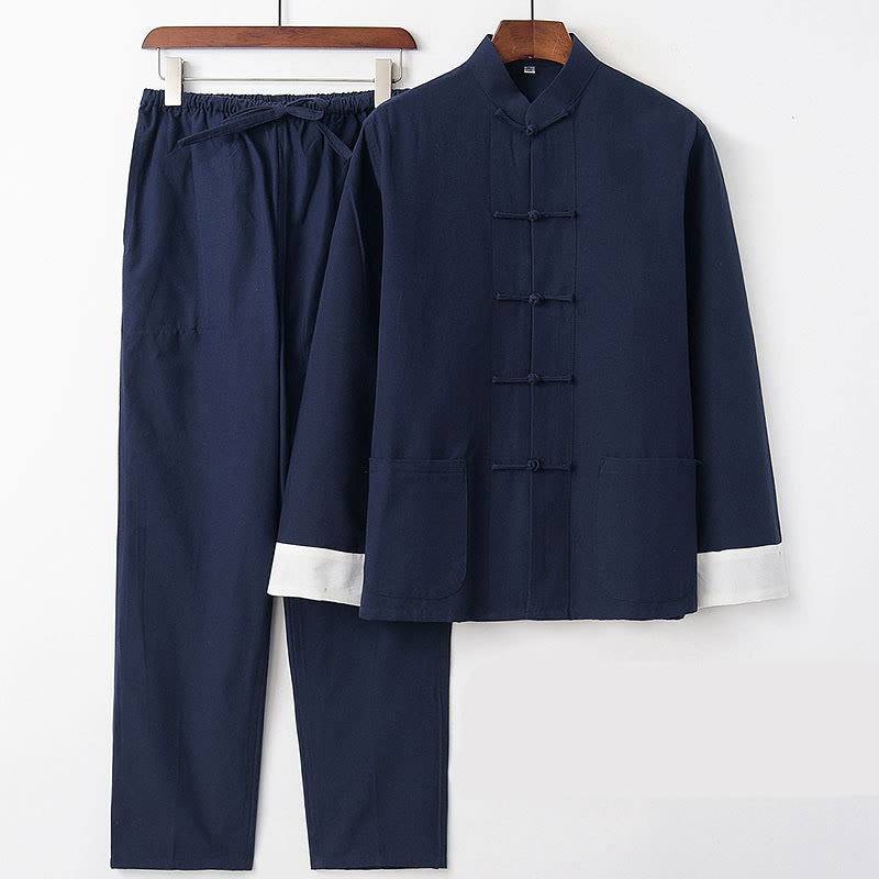 Buddha Stones 2Pcs Fall Men's Tang Suit Frog-Button Cotton Long Sleeve Shirt Pants Set - Navy Blue White Sleeve - US/UK/AU46,EU56 (5XL) - image 1