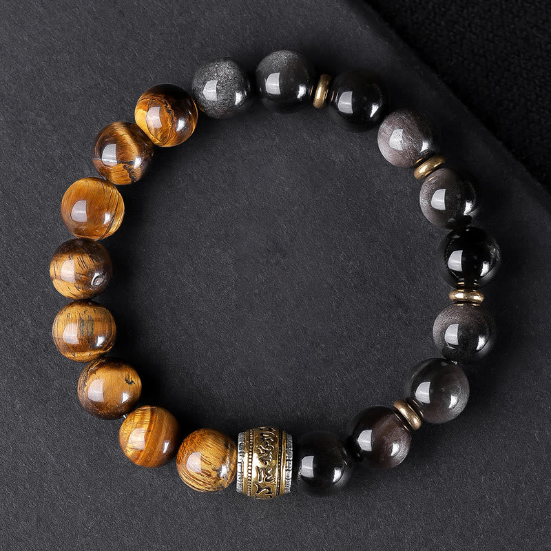 Buddha Stones Natural Silver Sheen Obsidian Tiger's Eye Six True Words 'om Mani Padme Hum' Strength Bracelet Bracelet BS Silver Sheen Obsidian Tiger Eye 'Om Mani Padme Hum' Smooth Spacer (Wrist Circumference: 16-17cm)