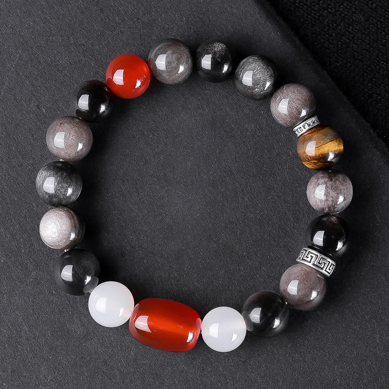 Buddha Stones Natural Silver Sheen Obsidian Tiger's Eye Six True Words 'om Mani Padme Hum' Strength Bracelet Bracelet BS Silver Sheen Obsidian Red Beads(Wrist Circumference: 16-17cm)