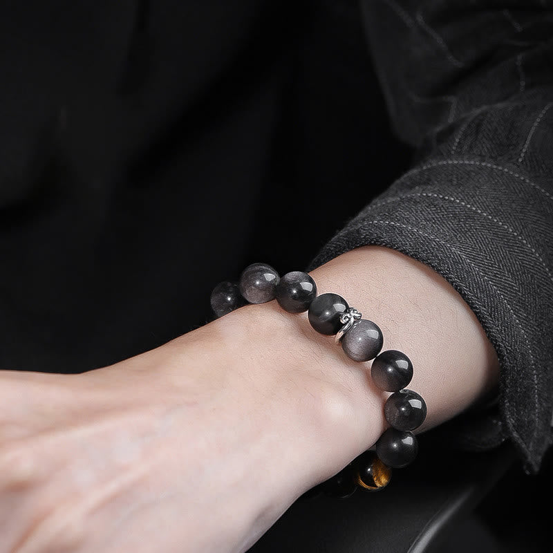 Buddha Stones Natural Silver Sheen Obsidian Tiger's Eye Six True Words 'om Mani Padme Hum' Strength Bracelet Bracelet BS 11