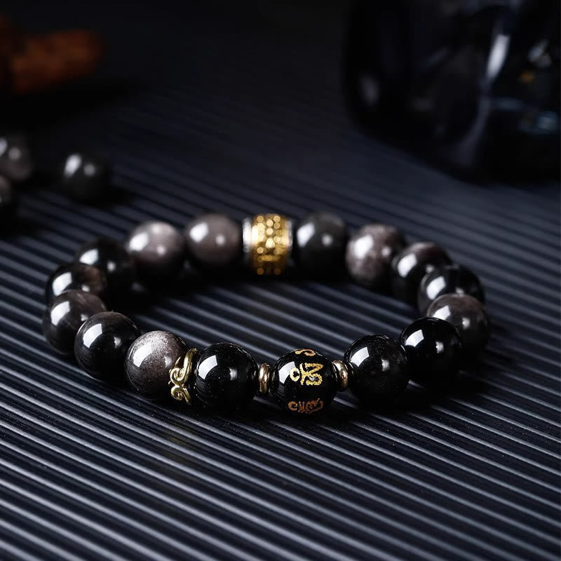 Buddha Stones Natural Silver Sheen Obsidian Tiger's Eye Six True Words 'om Mani Padme Hum' Strength Bracelet Bracelet BS 14