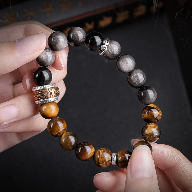 Buddha Stones Natural Silver Sheen Obsidian Tiger's Eye Six True Words 'om Mani Padme Hum' Strength Bracelet Bracelet BS 2