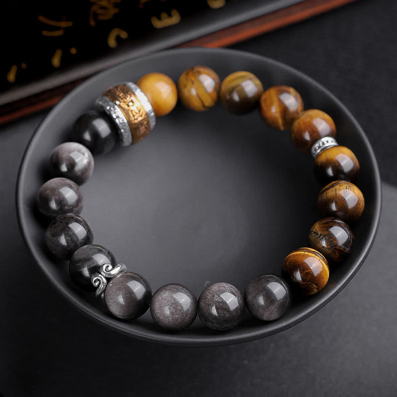 Buddha Stones Natural Silver Sheen Obsidian Tiger's Eye Six True Words 'om Mani Padme Hum' Strength Bracelet Bracelet BS 9