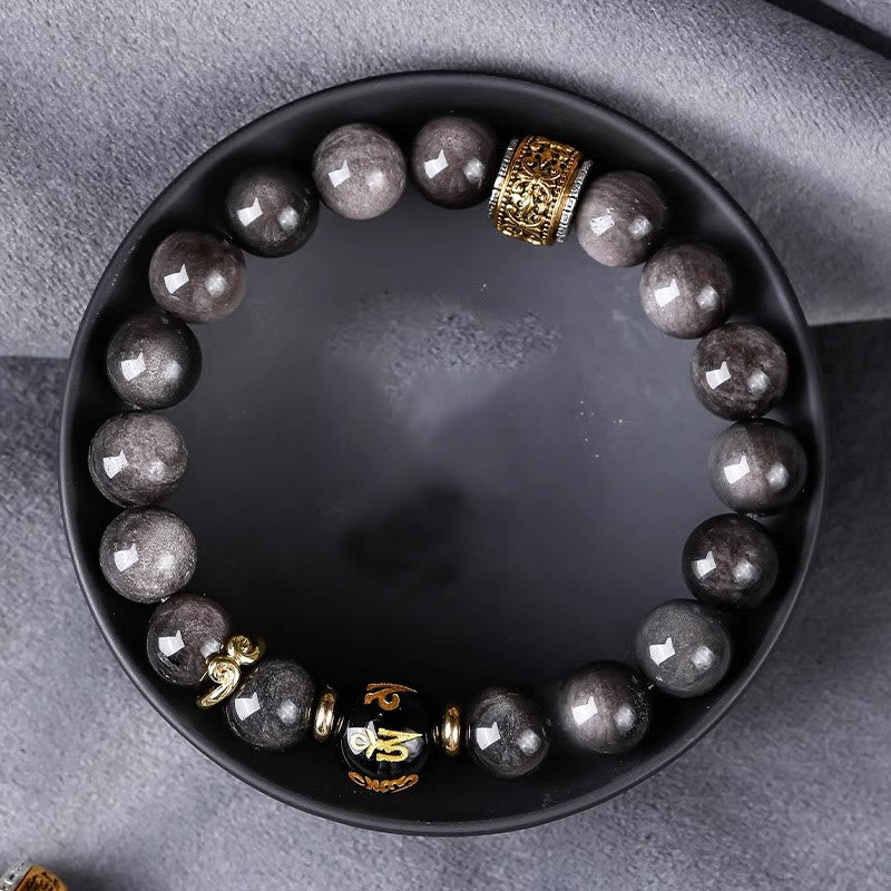 Buddha Stones Natural Silver Sheen Obsidian Tiger's Eye Six True Words 'om Mani Padme Hum' Strength Bracelet Bracelet BS 13