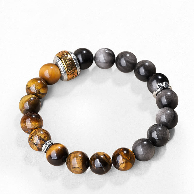 Buddha Stones Natural Silver Sheen Obsidian Tiger's Eye Six True Words 'om Mani Padme Hum' Strength Bracelet Bracelet BS 4