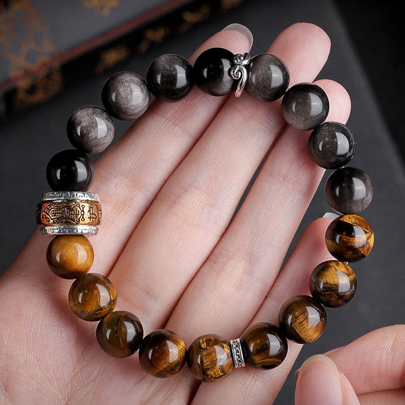 Buddha Stones Natural Silver Sheen Obsidian Tiger's Eye Six True Words 'om Mani Padme Hum' Strength Bracelet Bracelet BS 8