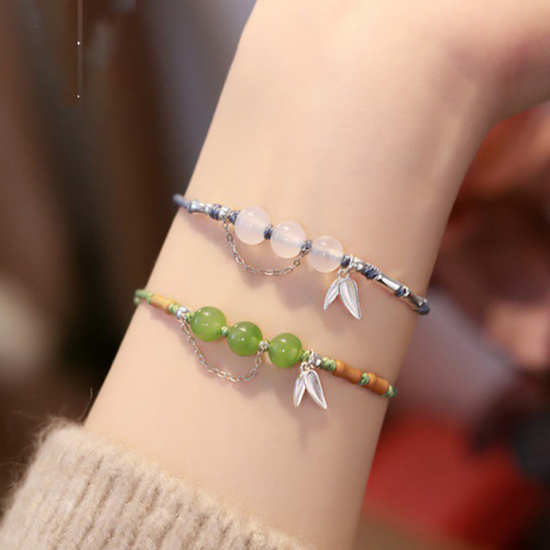 Buddha Stones 925 Sterling Silver Bamboo Leaves Hetian Jade Chalcedony Beads Blessing Braided Bracelet Bracelet BS 2