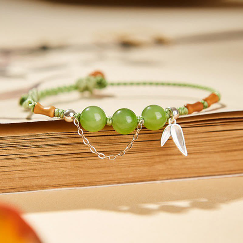 Buddha Stones 925 Sterling Silver Bamboo Leaves Hetian Jade Chalcedony Beads Blessing Braided Bracelet Bracelet BS main