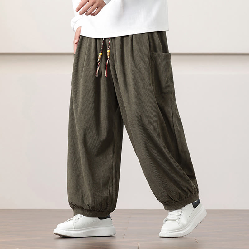 Buddha Stones Solid Color Corduroy Drawstring Men's Harem Pants With Pockets - Olive - US/UK/AU46,EU56 (5XL) - image 0