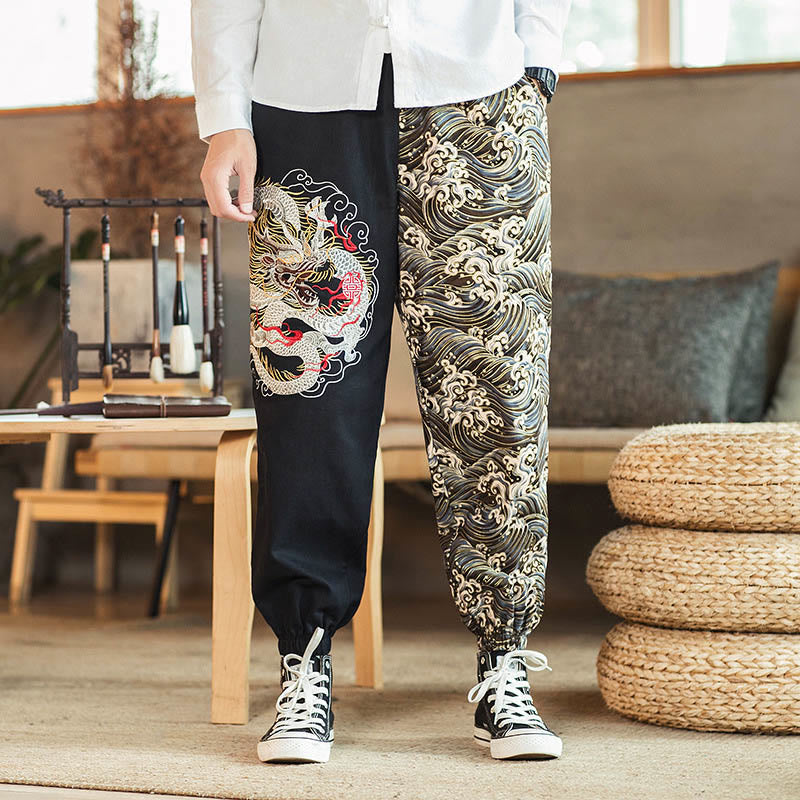 Buddha Stones Dragon Pattern Two-tone Men's Pants With Pockets - Black - US/UK/AU46,EU56 (5XL) - image 0