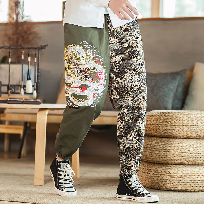 Buddha Stones Dragon Pattern Two-tone Men's Pants With Pockets - OliveDrab - US/UK/AU46,EU56 (5XL) - image 11