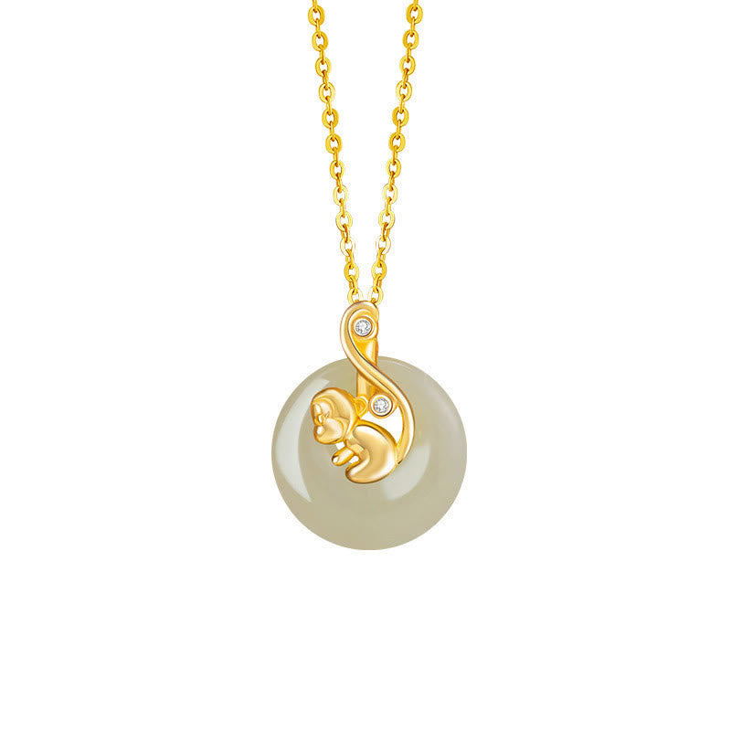 Buddha Stones Chinese Zodiac Hetian Jade 925 Sterling Silver Abundance Necklace Pendant Necklaces & Pendants BS Hetian Jade 925 Sterling Silver-Monkey