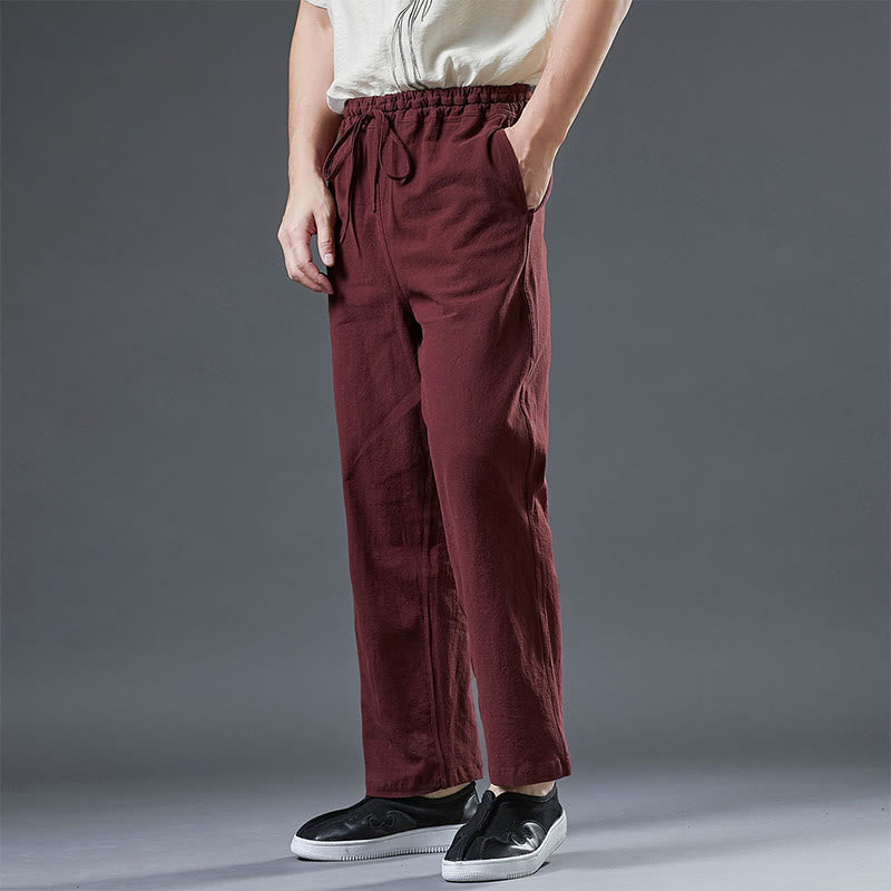 Buddha Stones Casual Plain Color Drawstring Linen Men's Pants With Pockets - Maroon - US/UK/AU38,EU48 (XL) - image 14