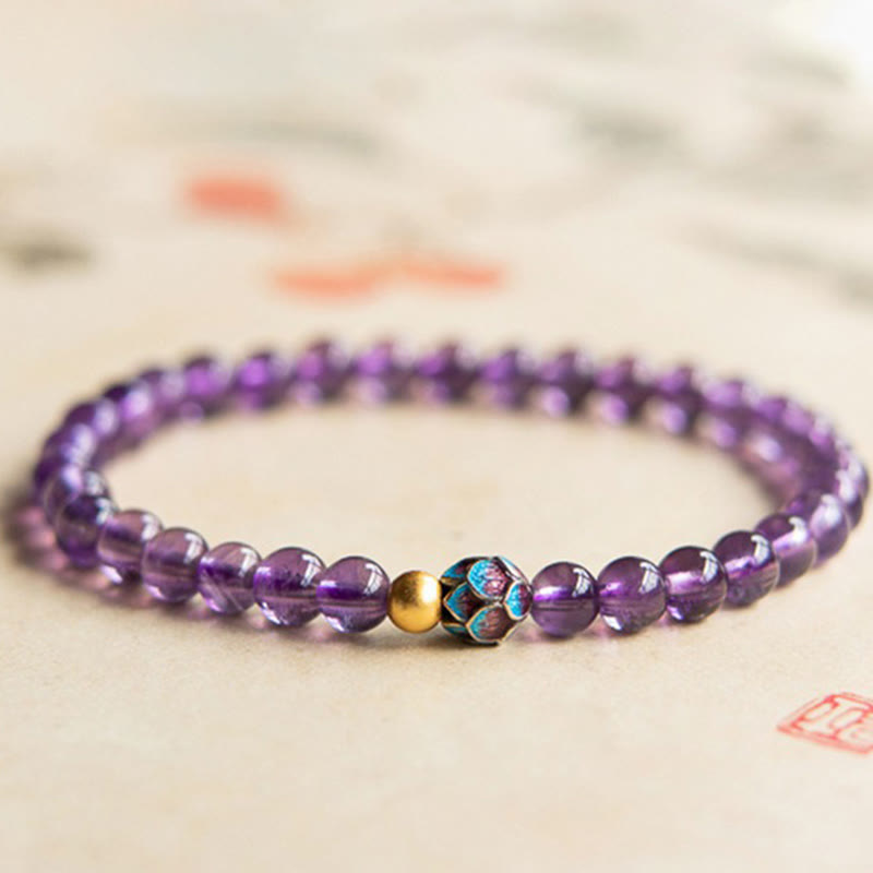 Buddha Stones Natural Amethyst Lotus Spiritual Awareness Bracelet Bracelet BS 4mm Amethyst(Wrist Circumference: 14-16cm)