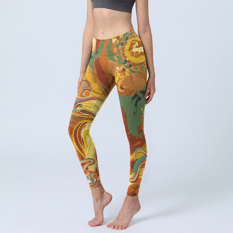 Buddha Stones Golden Auspicious Cloud Waves Print Gym Leggings Women's Yoga Pants - Gold - US18,UK/AU22,EU50 (4XL) - image 0