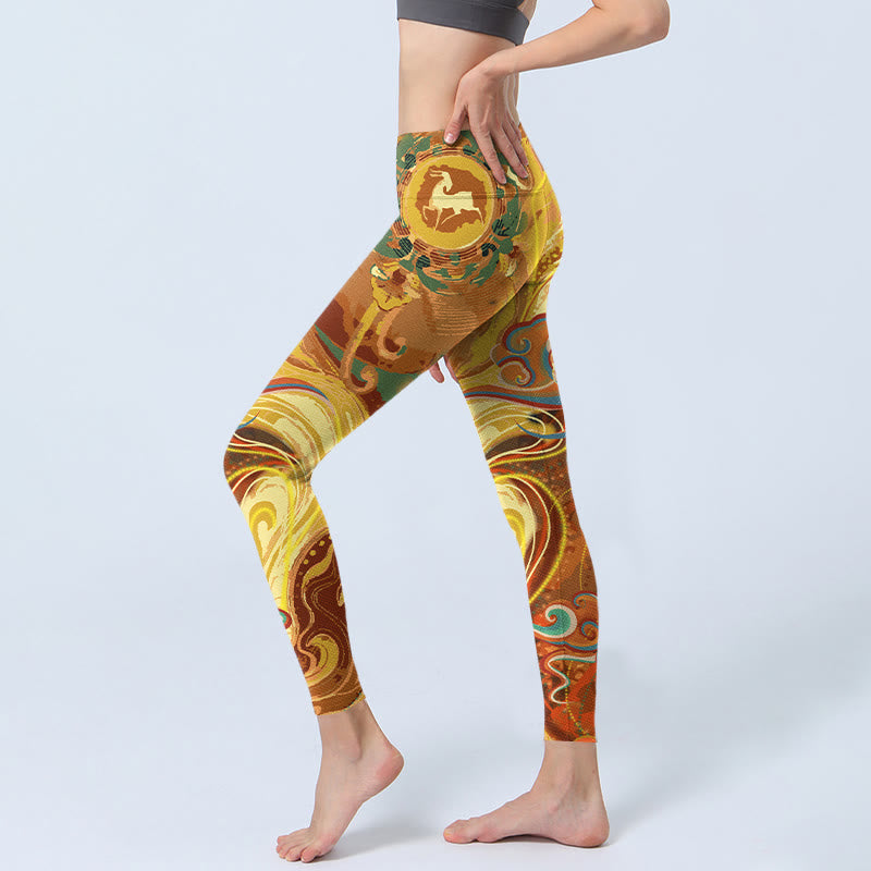 Buddha Stones Golden Auspicious Cloud Waves Print Gym Leggings Women's Yoga Pants - image 2