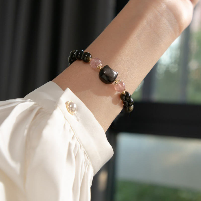 Buddha Stones Black Obsidian Strawberry Quartz Beads Silver Sheen Obsidian Cat Head Strength Bracelet Bracelet BS 4